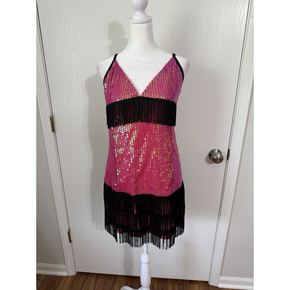 Hot Pink Sequin Black Fringe Flapper Mini Dress Size Small Party Dance Costume